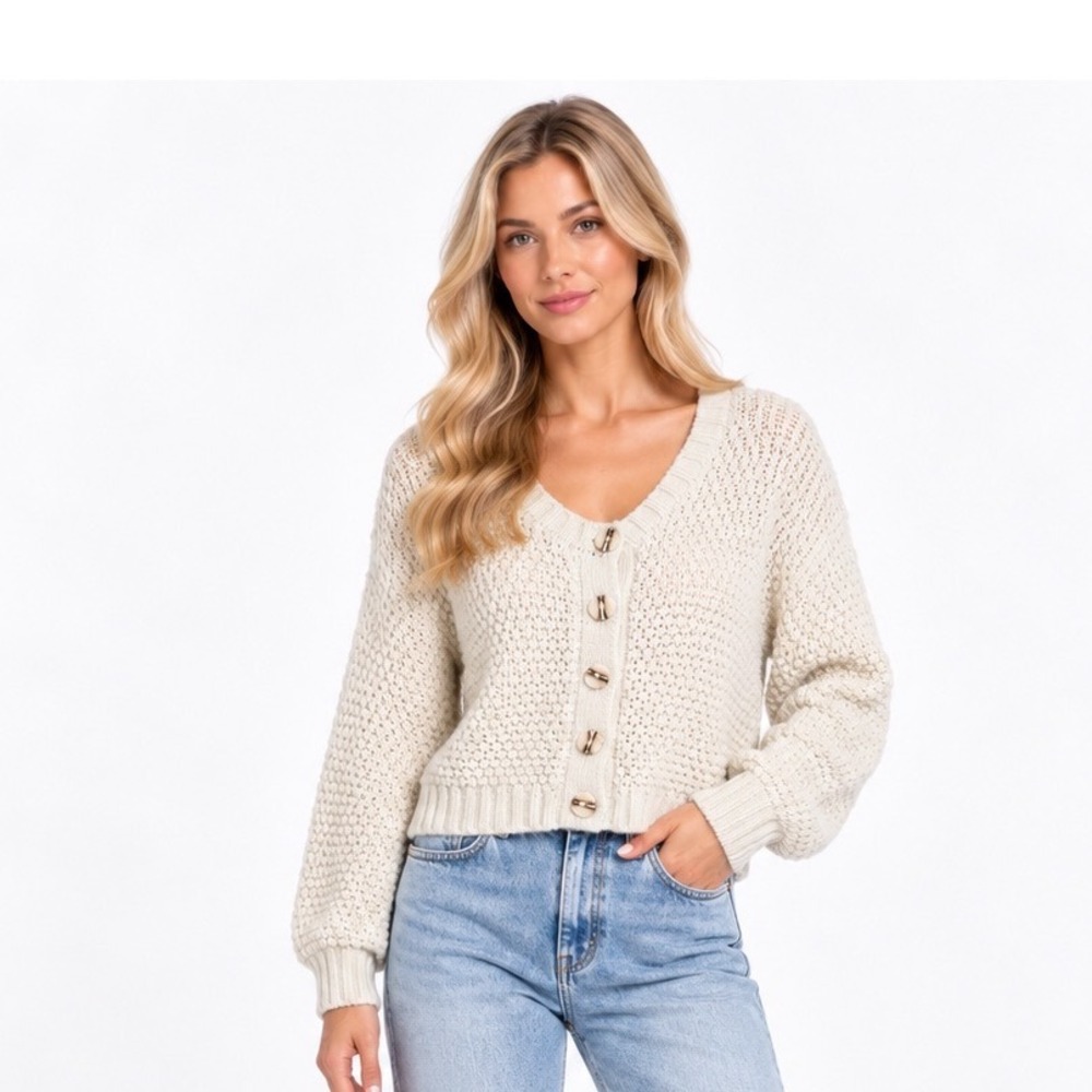 Habitual Cardigan Womens Medium Cream Excellent Popcorn Knit Cropped V-Neck